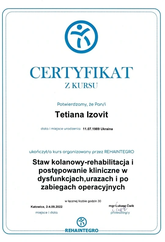 Certyfikat Staw kolanowy - rehabilitacja i postępowanie kliniczne - ReLimf Żory