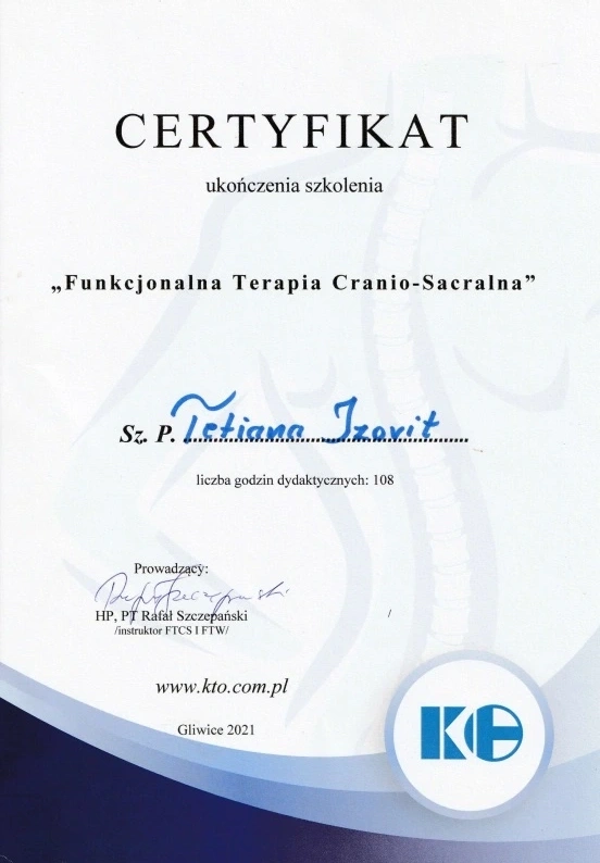 Certyfikat Funkcjonalna Terapia Cranio-Sacralna - ReLimf Żory