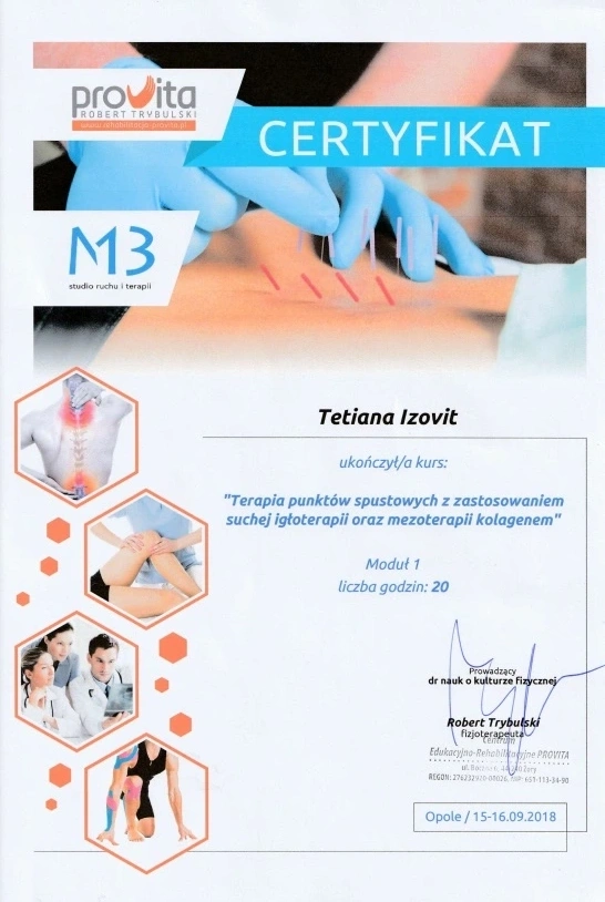 Certyfikat Terapia punktów spustowych, sucha igłoterapia i mezoterapia kolagenem - ReLimf Żory