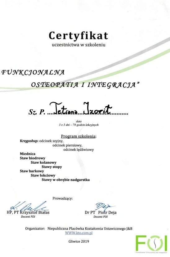 Certyfikat Funkcjonalna Osteopatia i Integracja - ReLimf Żory