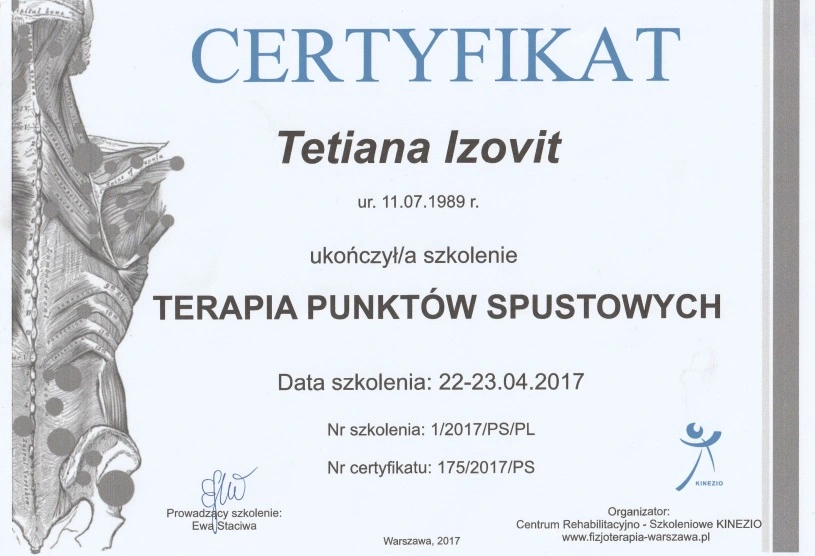 Certyfikat Terapia punktów spustowych - ReLimf Żory