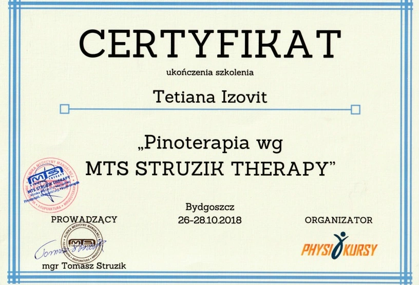 Certyfikat Pinoterapia wg MTS Struzik Therapy - ReLimf Żory