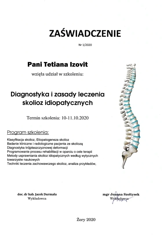 Certyfikat Diagnostyka i leczenie skolioz idiopatycznych - ReLimf Żory