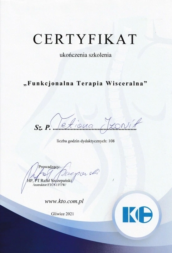 Certyfikat Funkcjonalna Terapia Wisceralna - ReLimf Żory